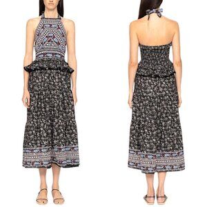 Sea New York, Women’s ‘Everly’ Embroidered Halter Midi Dress Ruffle, Black Small